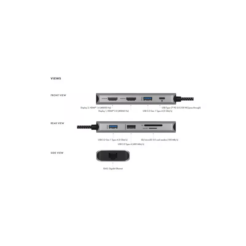 ICY BOX IB-DK4012-CPD laidinis USB 3.2 Gen 1 (3.1 Gen 1) Type-C dokų stotelė, antracito, juoda
