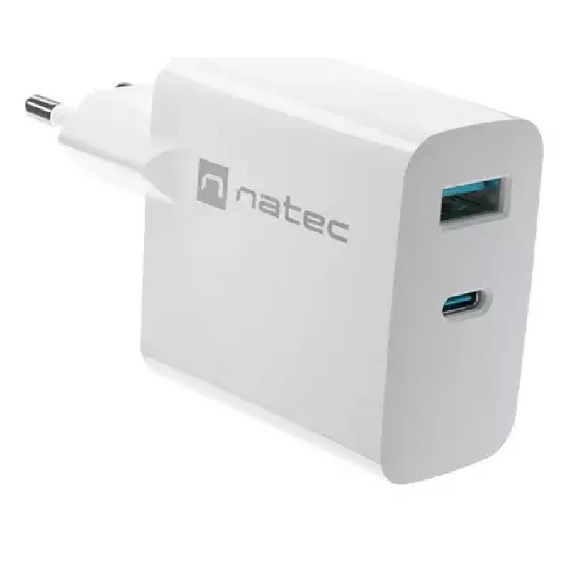 NATEC NUC-2142 belaidis mobiliojo įrenginio kroviklis, USB-C PD 3.0 + USB-A, 5–20V iki 3A, 45 W, baltas