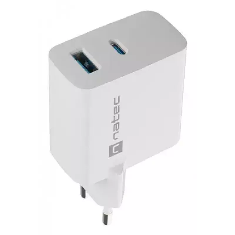 NATEC NUC-2142 belaidis mobiliojo įrenginio kroviklis, USB-C PD 3.0 + USB-A, 5–20V iki 3A, 45 W, baltas