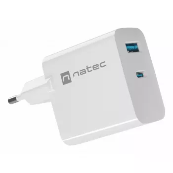 NATEC NUC-2142 belaidis mobiliojo įrenginio kroviklis, USB-C PD 3.0 + USB-A, 5–20V iki 3A, 45 W, baltas