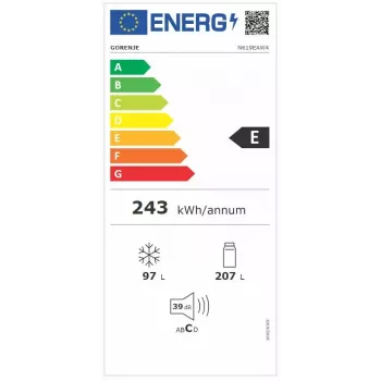 Laisvai pastatomas šaldytuvas-šaldiklis Gorenje N619EAW4 – 304 l (207 l šaldytuvas, 97 l šaldiklis), No Frost, LED ekranas, dešinės pusės vyriai, 39 dB