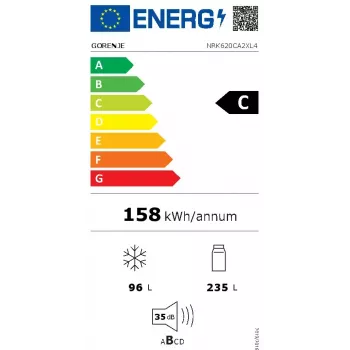 Gorenje NRK620CA2XL4 laisvai pastatomas šaldytuvas su apatiniu šaldikliu, 331 l (235 l + 96 l), No Frost Plus, C energijos klasės, pilkos spalvos