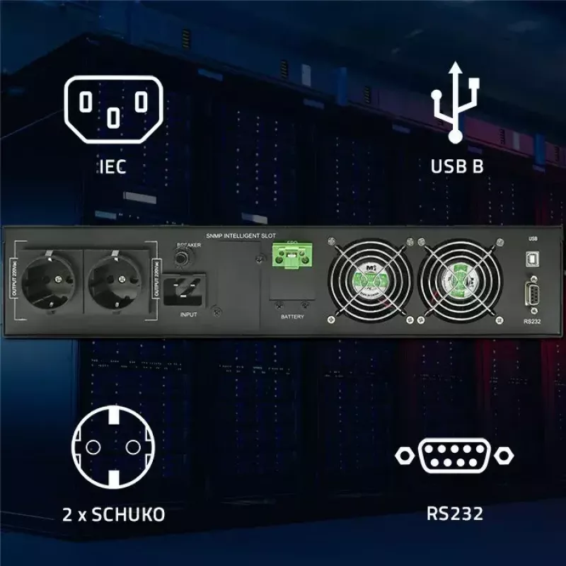 Qoltec 52286 spintinis UPS 2 kVA (2000 W), galios koeficientas 1,0, montuojamas į spintą