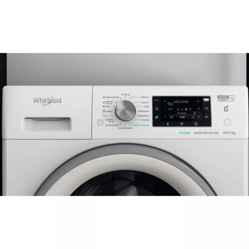 Whirlpool FFWDD 1076258 SV EE skalbyklė su džiovinimo funkcija, laisvai pastatoma, priekinio pakrovimo, balta