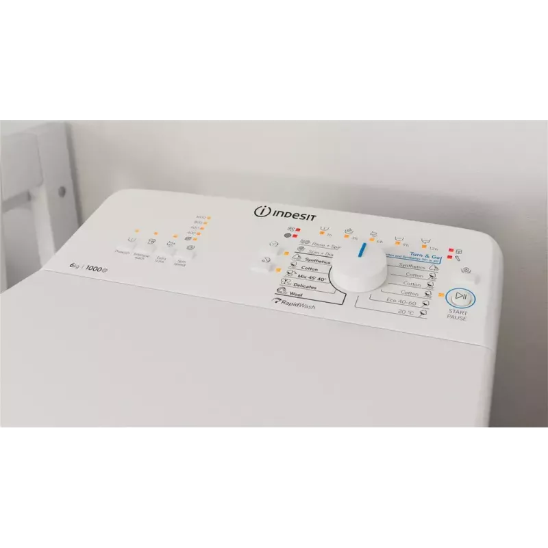 Skalbimo mašina su viršutiniu pakrovimu Indesit BTW L60400 EE/N — 6 kg, 1000 aps./min, 400×600×900 mm, balta