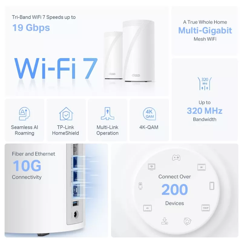 TP-Link Deco BE85 BE19000 viso namo „Mesh“ Wi-Fi 7 sistema (triju juostų), balta, vidinė, „Mesh“ sistema