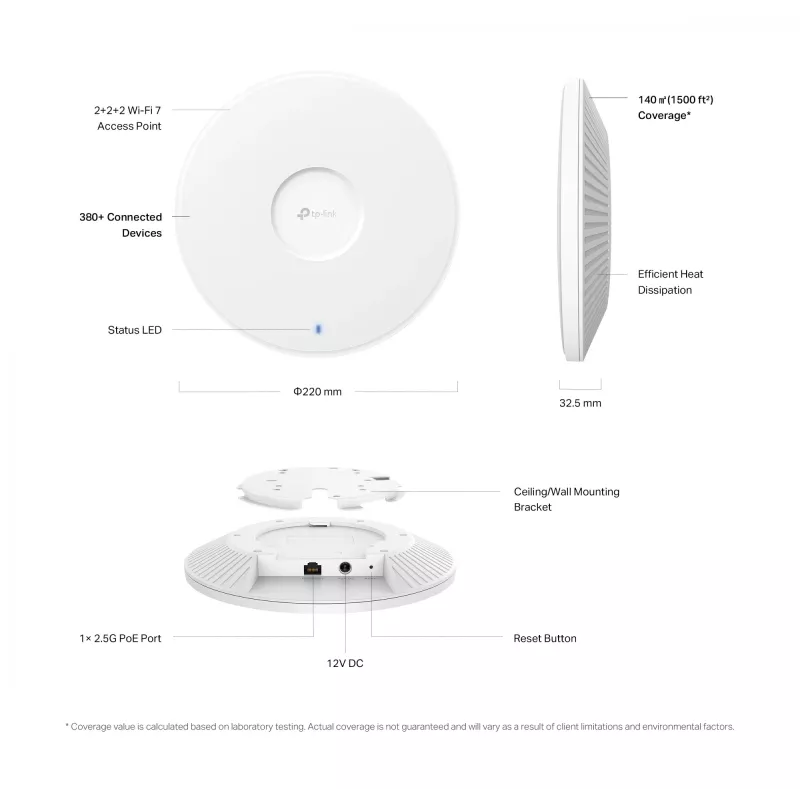 TP-Link Omada BE9300 lubinės montavimo trijų juostų Wi-Fi 7 prieigos taškas