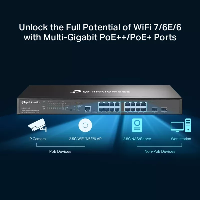 TP-Link Omada 16 prievadų 2,5G ir 2 prievadų 10GE SFP+ L2+ valdomas jungiklis su 8 PoE+ prievadais