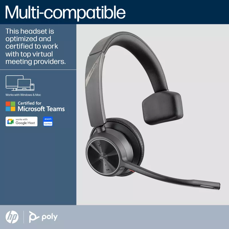 HP Poly Voyager 4310-M belaidė ausinė su USB-C Bluetooth adapteriu BT700 ir įkrovimo stoveliu, sertifikuota Microsoft Teams