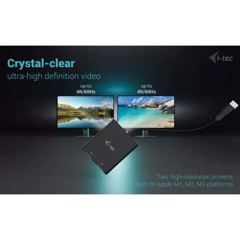 i-tec USB-A/USB-C Dual 4K/60 Hz DisplayPort vaizdo adapteris, 0,27 m