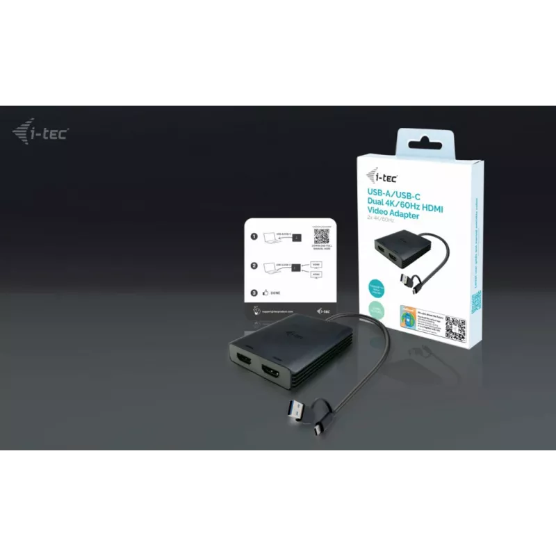 Vaizdo adapteris i-tec CADUAL4KHDMI USB-A/USB-C į 2x HDMI, dvigubas 4K/60 Hz, 0,27 m, 3840 x 2160, juodas