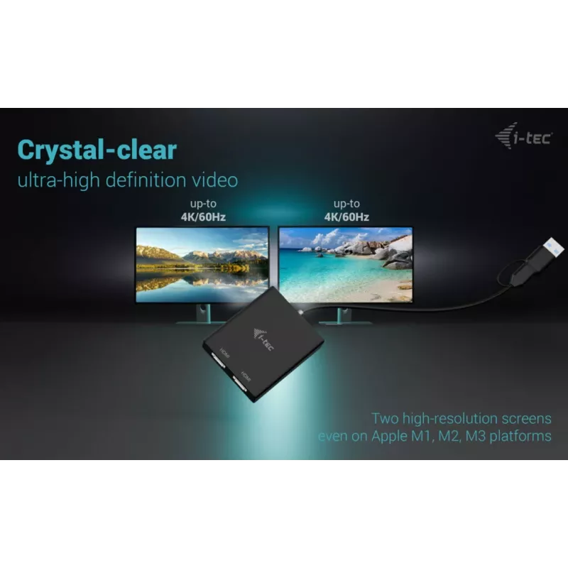 Vaizdo adapteris i-tec CADUAL4KHDMI USB-A/USB-C į 2x HDMI, dvigubas 4K/60 Hz, 0,27 m, 3840 x 2160, juodas