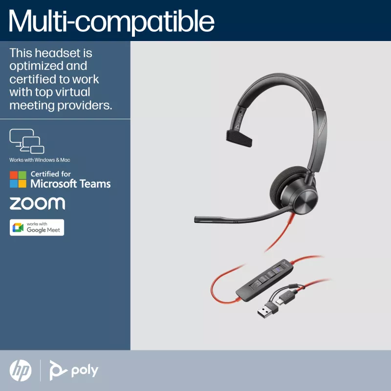 HP Poly Blackwire 3310 Monofoninis „Microsoft Teams“ sertifikuotas USB-C ausinių rinkinys su USB-C/A adapteriu