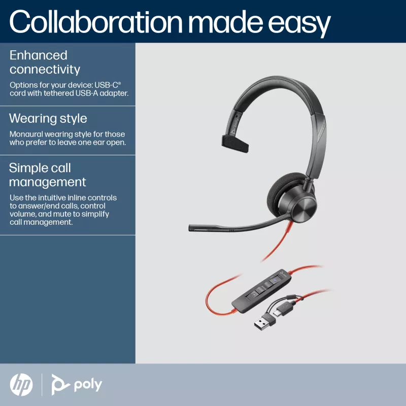 HP Poly Blackwire 3310 Monofoninis „Microsoft Teams“ sertifikuotas USB-C ausinių rinkinys su USB-C/A adapteriu