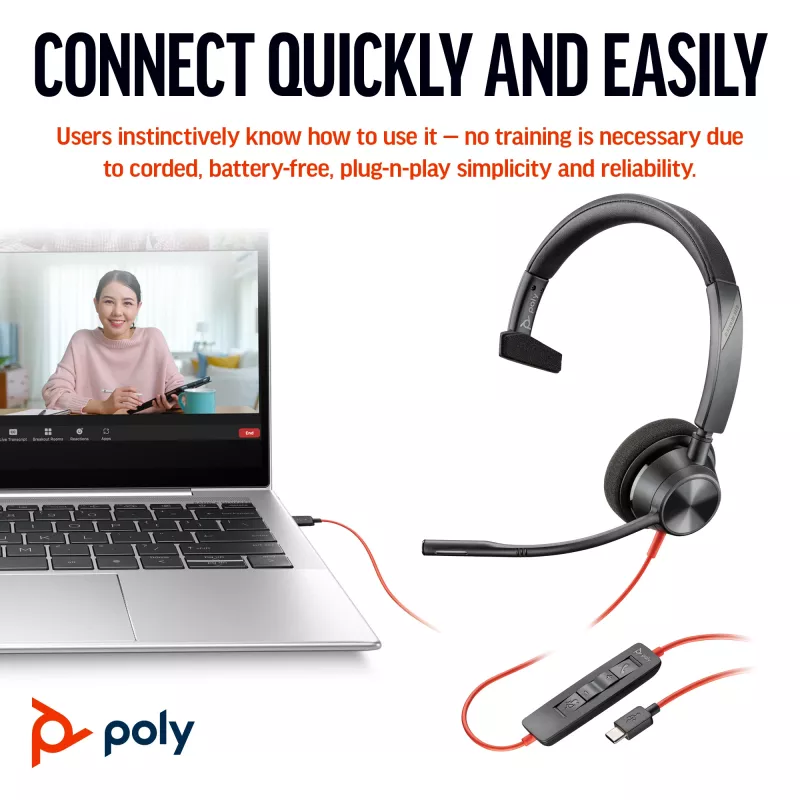HP Poly Blackwire 3310 Monofoninis „Microsoft Teams“ sertifikuotas USB-C ausinių rinkinys su USB-C/A adapteriu