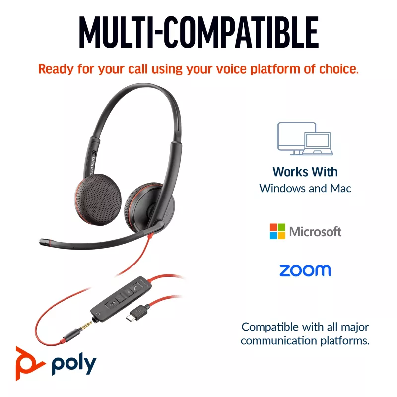 HP Poly Blackwire 3225 Stereo ausinės su USB-C jungtimi, 3,5 mm kištuku ir USB-C/A adapteriu