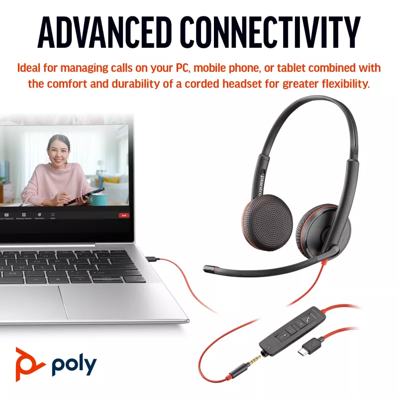 HP Poly Blackwire 3225 Stereo ausinės su USB-C jungtimi, 3,5 mm kištuku ir USB-C/A adapteriu