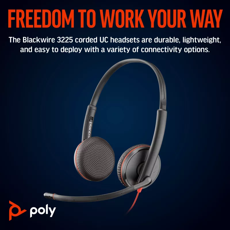 HP Poly Blackwire 3225 Stereo ausinės su USB-C jungtimi, 3,5 mm kištuku ir USB-C/A adapteriu
