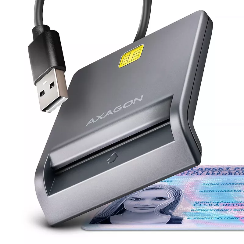Axagon CRE-SM3T USB-A Smart / ID kortelių plokščiasis skaitytuvas, USB 2.0, 1,3 m, juodas, 56 g