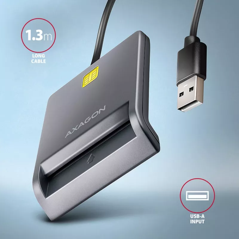 Axagon CRE-SM3T USB-A Smart / ID kortelių plokščiasis skaitytuvas, USB 2.0, 1,3 m, juodas, 56 g
