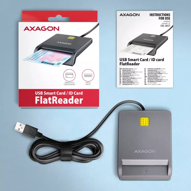 Axagon CRE-SM3T USB-A Smart / ID kortelių plokščiasis skaitytuvas, USB 2.0, 1,3 m, juodas, 56 g