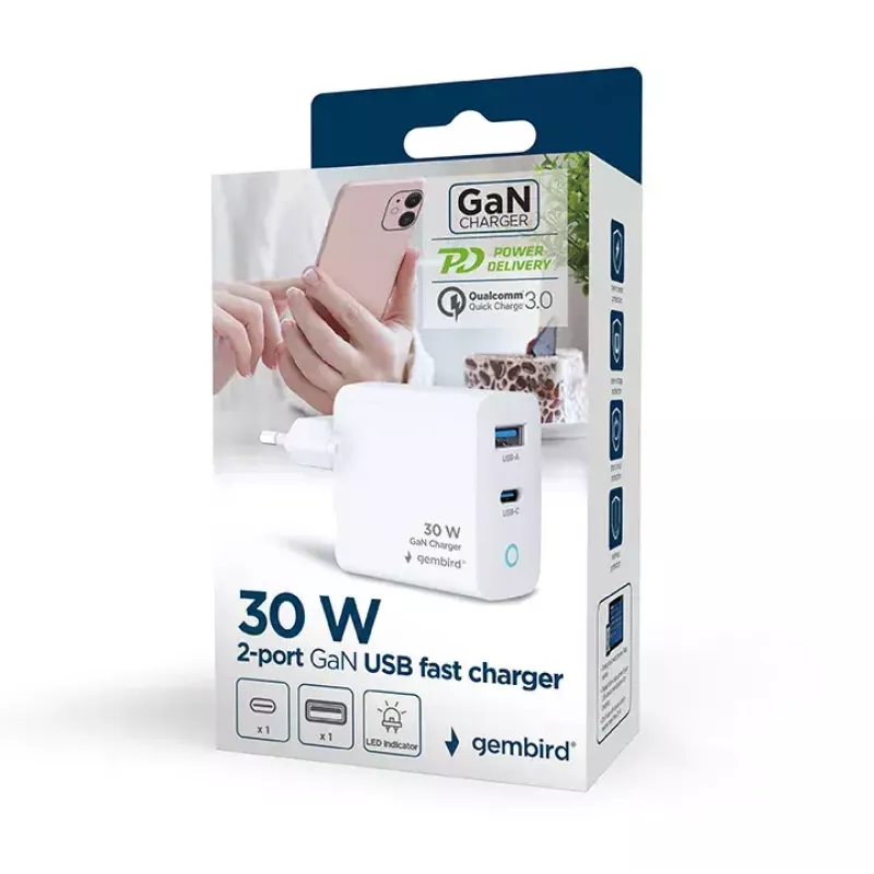 GEMBIRD 2 prievadų 30W GaN USB greitasis įkroviklis LED baltas — 1x USB-C PD 30W, 1x USB-A, 100–240V, 92 g