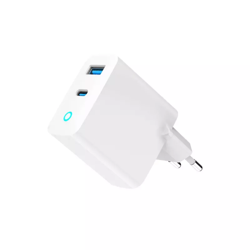 GEMBIRD 2 prievadų 30W GaN USB greitasis įkroviklis LED baltas — 1x USB-C PD 30W, 1x USB-A, 100–240V, 92 g