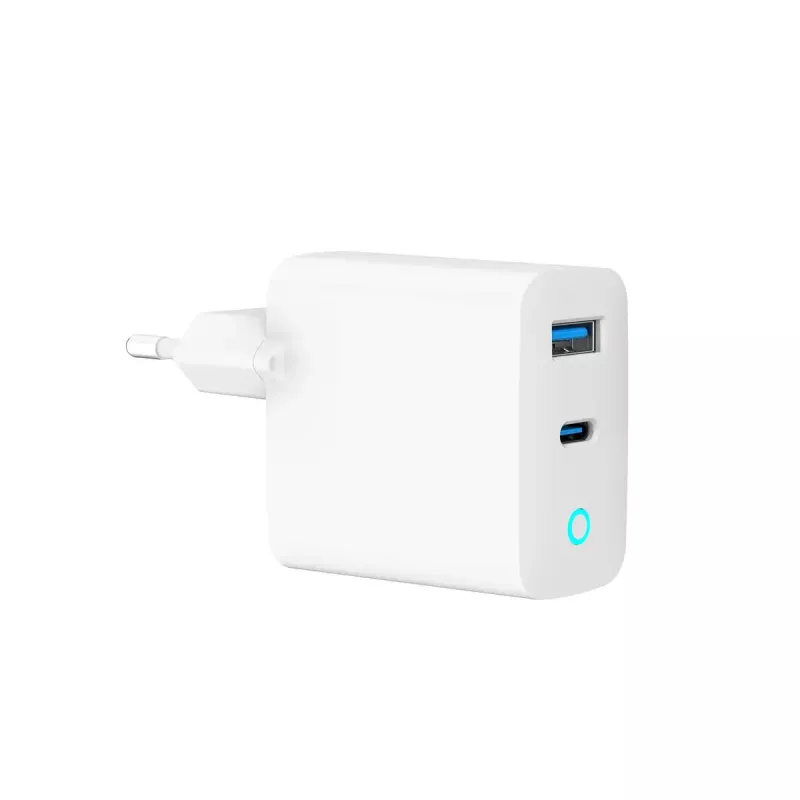 GEMBIRD 2 prievadų 30W GaN USB greitasis įkroviklis LED baltas — 1x USB-C PD 30W, 1x USB-A, 100–240V, 92 g
