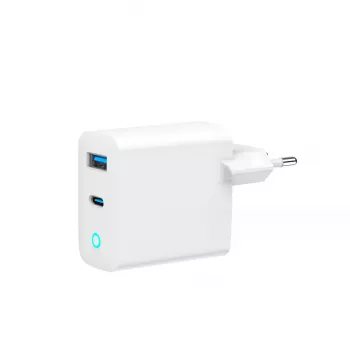 GEMBIRD 2 prievadų 30W GaN USB greitasis įkroviklis LED baltas — 1x USB-C PD 30W, 1x USB-A, 100–240V, 92 g