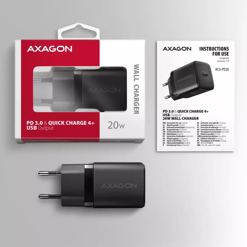 Sieninis įkroviklis Axagon ACU-PD20 1x QC3.0/AFC/FCP/PD Type-C 20W Juodas