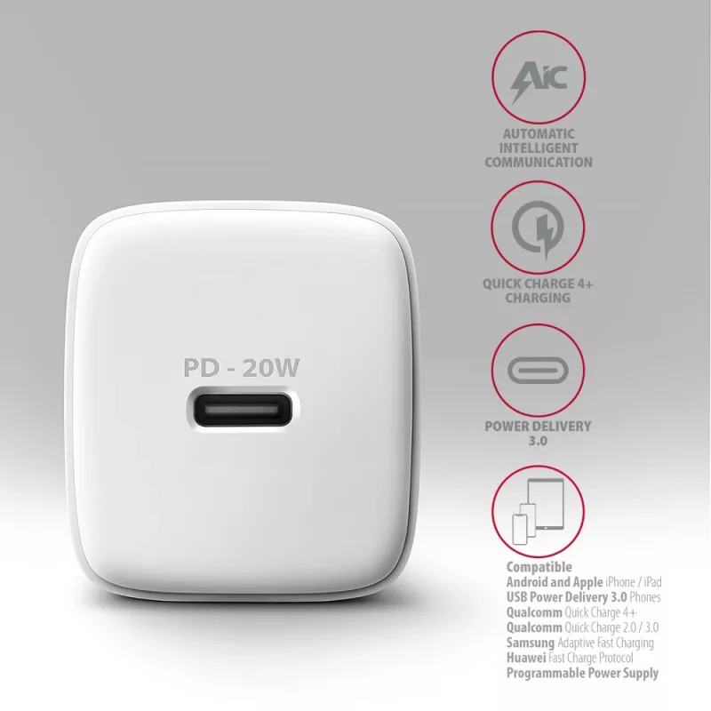 Sieninis įkroviklis Axagon ACU-PD20W 1x QC3.0/AFC/FCP/PD Type-C 20W baltas