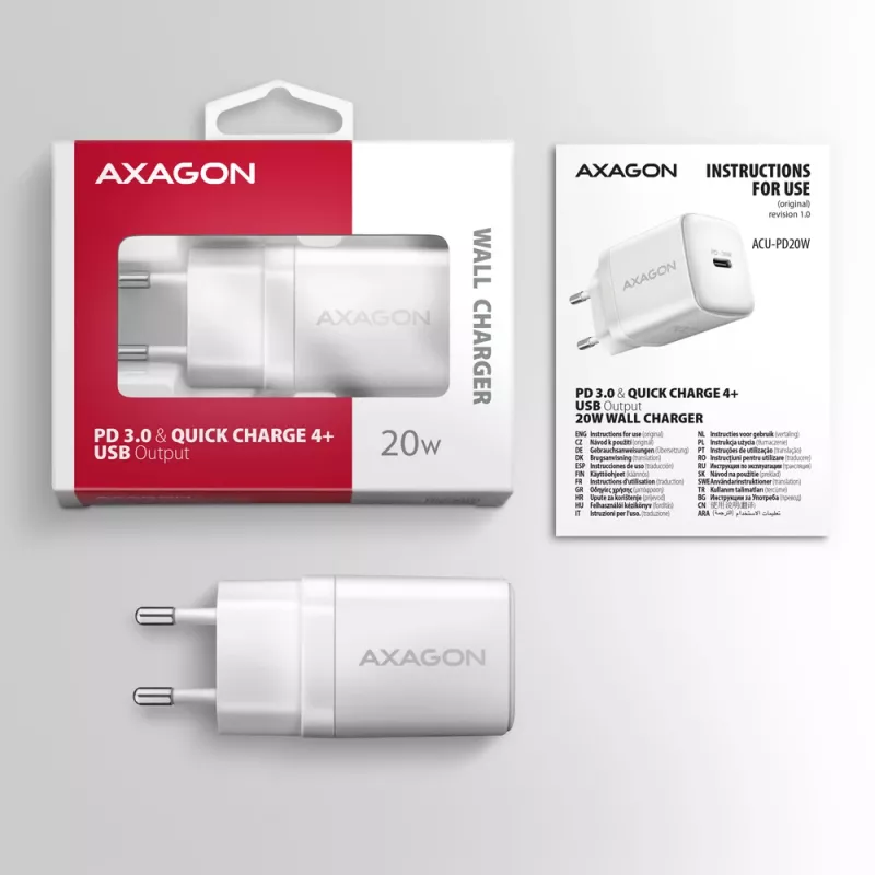Sieninis įkroviklis Axagon ACU-PD20W 1x QC3.0/AFC/FCP/PD Type-C 20W baltas