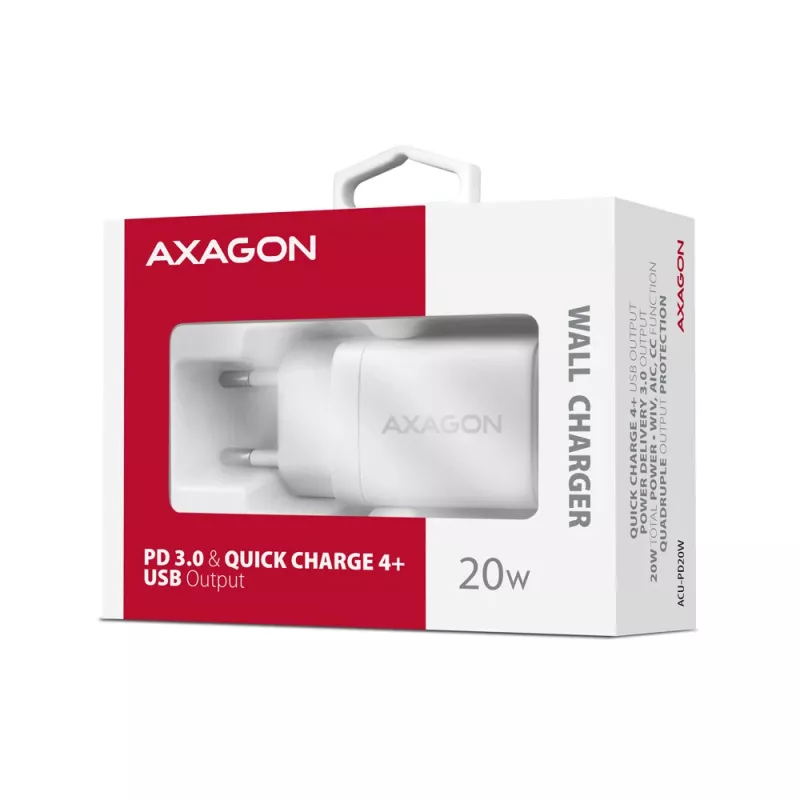 Sieninis įkroviklis Axagon ACU-PD20W 1x QC3.0/AFC/FCP/PD Type-C 20W baltas