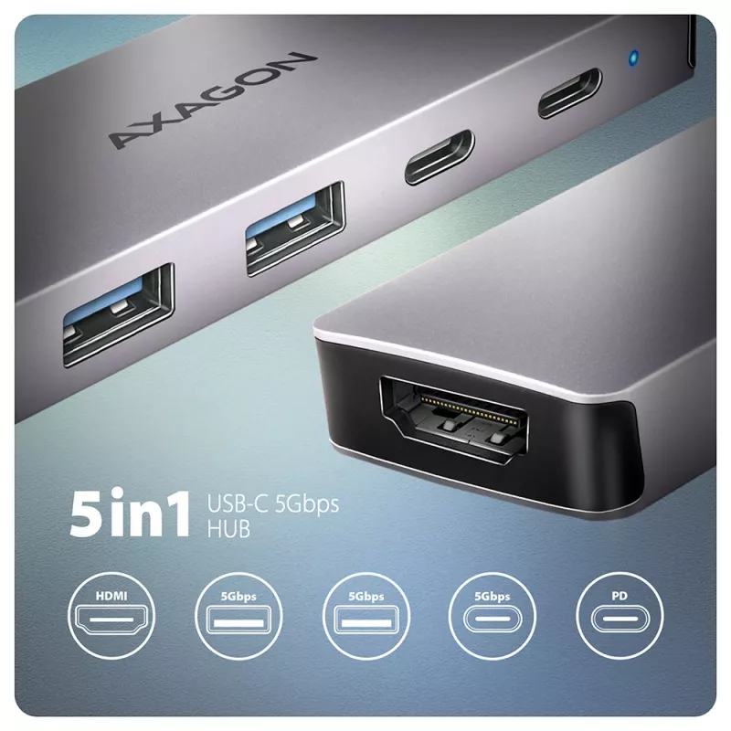 USB-C 5Gbps 5-u jungčių centras Axagon HMC-5H60: 2x USB-A, 1x USB-C, HDMI 4K/60Hz, PD 100W, USB-C laidas