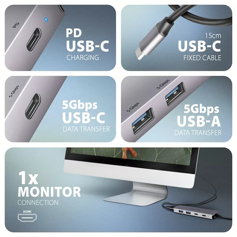 USB-C 5Gbps 5-u jungčių centras Axagon HMC-5H60: 2x USB-A, 1x USB-C, HDMI 4K/60Hz, PD 100W, USB-C laidas
