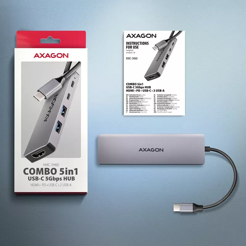 USB-C 5Gbps 5-u jungčių centras Axagon HMC-5H60: 2x USB-A, 1x USB-C, HDMI 4K/60Hz, PD 100W, USB-C laidas