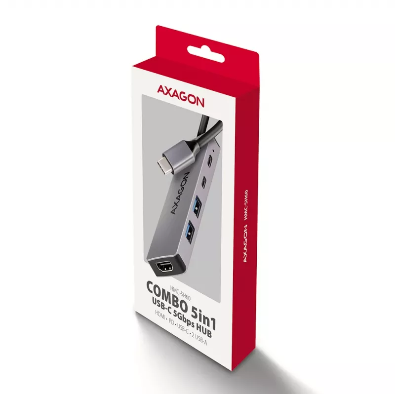 USB-C 5Gbps 5-u jungčių centras Axagon HMC-5H60: 2x USB-A, 1x USB-C, HDMI 4K/60Hz, PD 100W, USB-C laidas