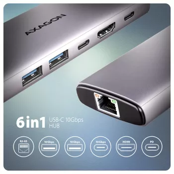 Axagon HMC-6G2L USB 10Gbps šakotuvas, 2x USB-A, 1x USB-C, HDMI 4k/60Hz, RJ-45, PD 100W