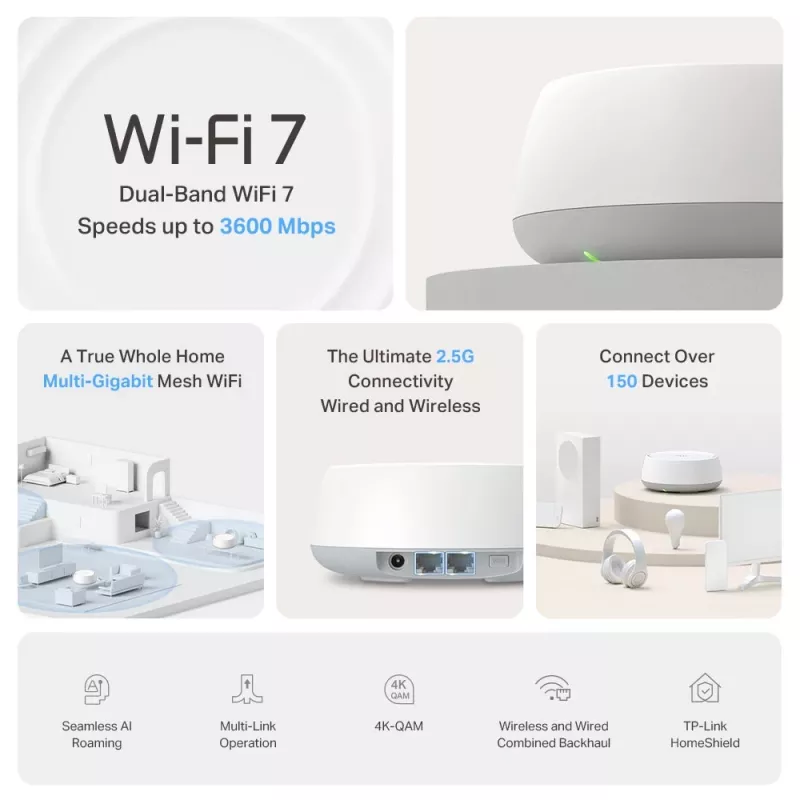 „Mesh“ sistema TP-Link BE3600 Dviejų juostų „Wi‑Fi 7“ (802.11be), 2882 Mbps, 2× LAN, 2,4/5 GHz, 2 vnt. rinkinys