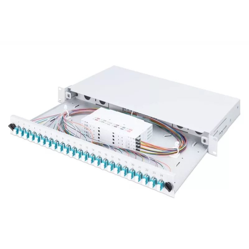 DIGITUS Fiber Optic Sliding Splice Box 1U su 24x LC duplex, M25 varžtu, splice kasete, OM3 spalvotais pigtailiais, adapteriu