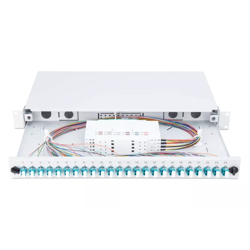 DIGITUS Fiber Optic Sliding Splice Box 1U su 24x LC duplex, M25 varžtu, splice kasete, OM3 spalvotais pigtailiais, adapteriu