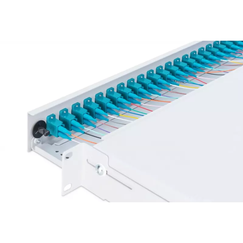 DIGITUS Fiber Optic Sliding Splice Box 1U su 24x LC duplex, M25 varžtu, splice kasete, OM3 spalvotais pigtailiais, adapteriu