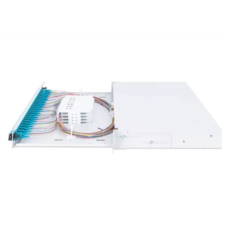 DIGITUS Fiber Optic Sliding Splice Box 1U su 24x LC duplex, M25 varžtu, splice kasete, OM3 spalvotais pigtailiais, adapteriu