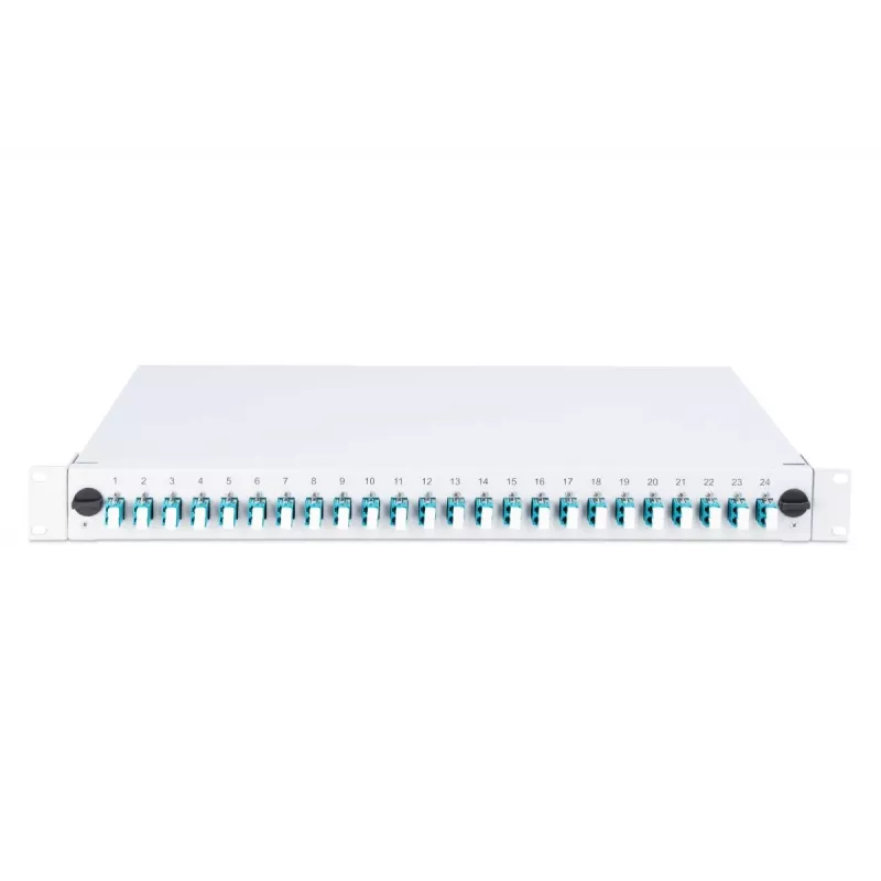DIGITUS Fiber Optic Sliding Splice Box 1U su 24x LC duplex, M25 varžtu, splice kasete, OM3 spalvotais pigtailiais, adapteriu