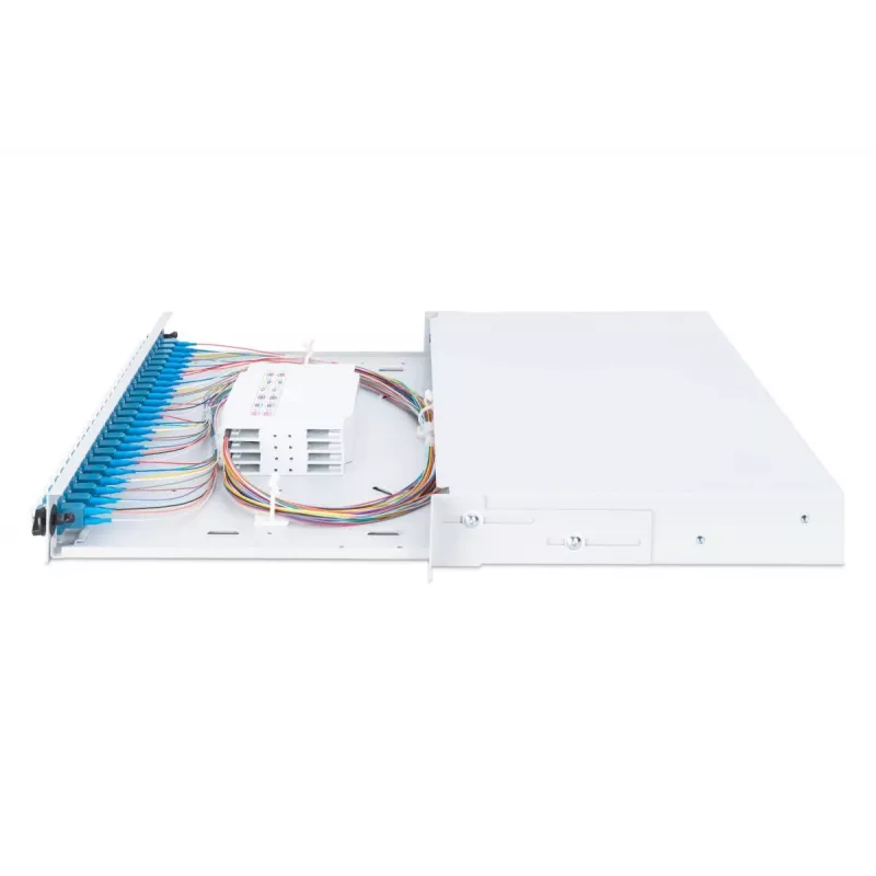 DIGITUS DN-96332/9 šviesolaidinė sujungimo dėžė, 1U, su 24x LC duplex adapteriais, M25 varžtu, sujungimo kasetė, vienmodė OS2, spalvotos pigtailės