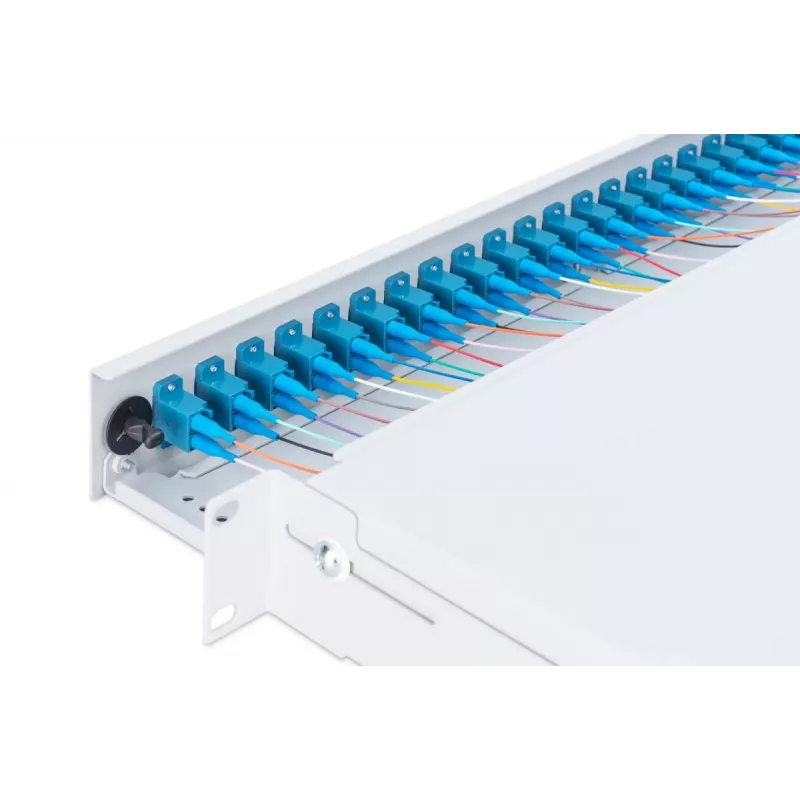 DIGITUS DN-96332/9 šviesolaidinė sujungimo dėžė, 1U, su 24x LC duplex adapteriais, M25 varžtu, sujungimo kasetė, vienmodė OS2, spalvotos pigtailės