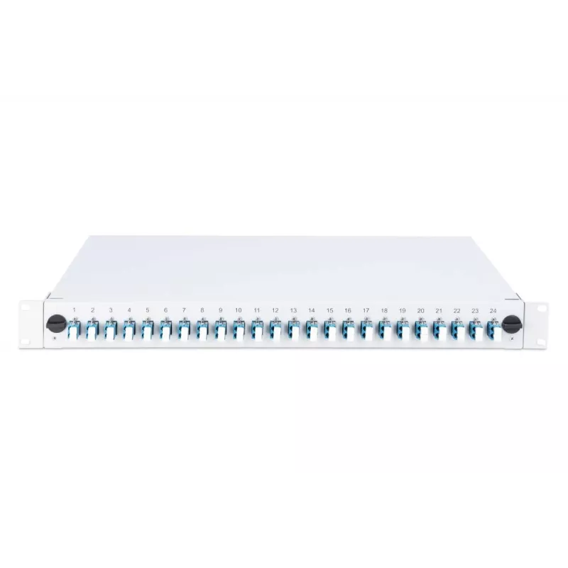 DIGITUS DN-96332/9 šviesolaidinė sujungimo dėžė, 1U, su 24x LC duplex adapteriais, M25 varžtu, sujungimo kasetė, vienmodė OS2, spalvotos pigtailės