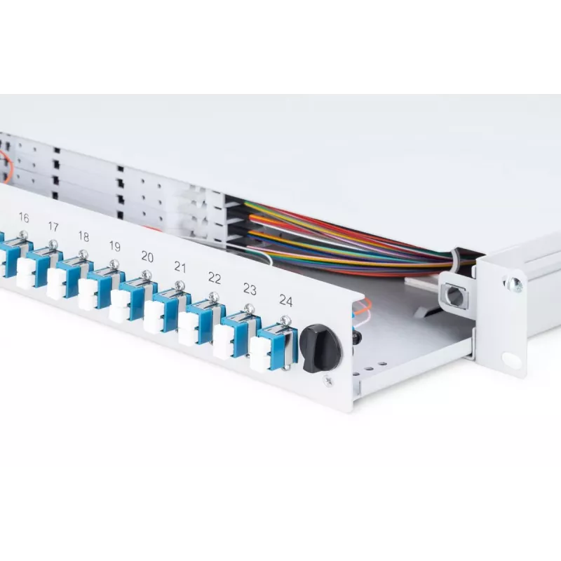 DIGITUS DN-96332/9 šviesolaidinė sujungimo dėžė, 1U, su 24x LC duplex adapteriais, M25 varžtu, sujungimo kasetė, vienmodė OS2, spalvotos pigtailės