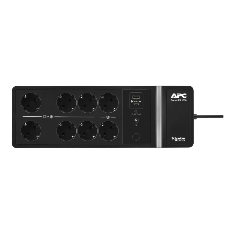 APC Back-UPS, 1050VA/600W, montuojamas ant grindų/sienos, 230V, 8x Schuko CEE 7/3 lizdai, USB A+C prievadas, keičiama baterija