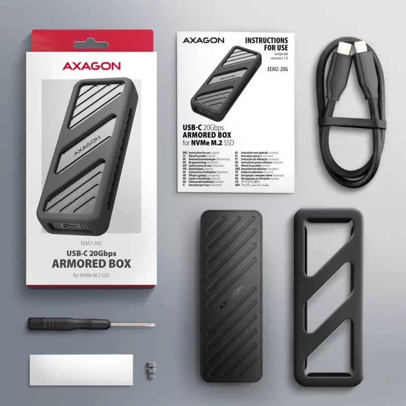 AXAGON EEM2-20G ARMORED dėžutė M.2 NVMe SSD, USB-C 20 Gbps, juoda